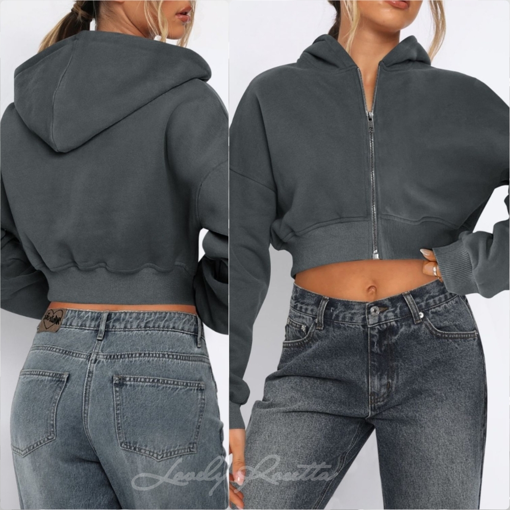 Grey Cropped Hooded Zip-Up Jacket